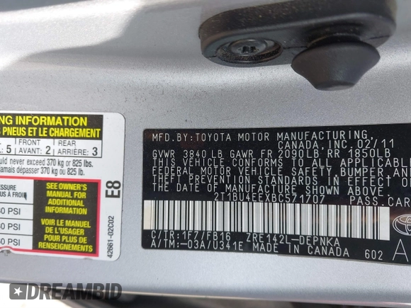 2011 Toyota Corolla L with VIN 2T1BU4EEXBC571707, listed as a IAAI auction lot 41884755 with 200,210 mi miles. Bid and sale history available at carsss.com. Image 9.