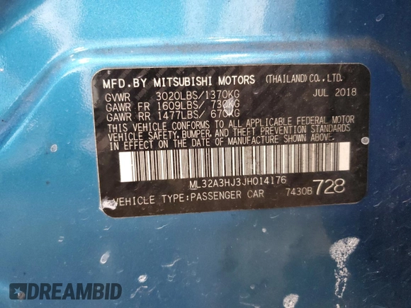 2018 Mitsubishi Mirage ES with VIN ML32A3HJ3JH014176, listed as a Copart auction lot 62278655 with 25,371 mi miles and Salvage title. Bid and sale history available at DreamBid. Image 12.