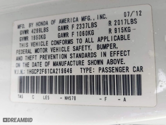 2012 Honda Accord Sdn SE with VIN 1HGCP2F61CA219646, listed as a IAAI auction lot 41877399 with 176,935 mi miles. Bid and sale history available at carsss.com. Image 9.