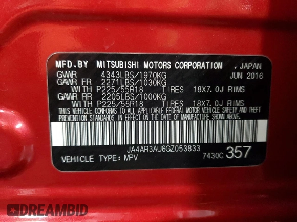 2016 Mitsubishi Outlander ES с VIN JA4AR3AU6GZ053833, выставлен на аукционе Copart как лот 56494555 с пробегом 67 687 миль миль и Списание • Salvage title. История ставок и продаж доступна на DreamBid. Изображение 13.