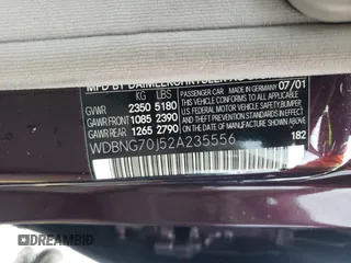 2002 Mercedes-Benz S-Class 4.3L with VIN WDBNG70J52A235556, listed as a Copart auction lot 51369375 with 201,655 mi miles and Salvage Title. Bid and sale history available at carsss.com. Image 12.