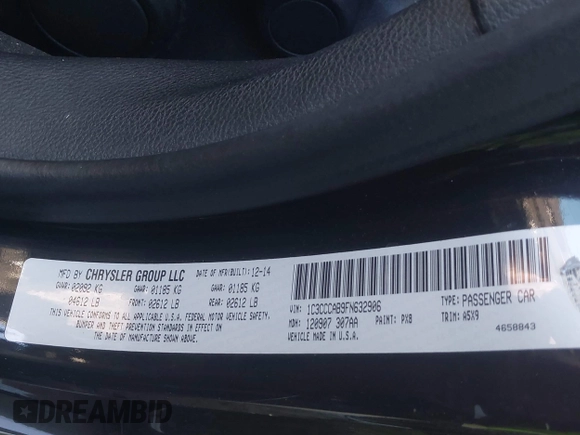 2015 Chrysler 200 Limited with VIN 1C3CCCAB9FN632906, listed as a IAAI auction lot 41418163 with 181,428 mi miles. Bid and sale history available at carsss.com. Image 9.
