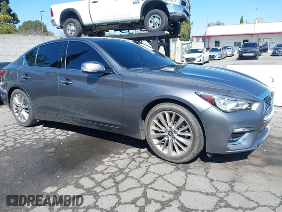 2021 Infiniti Q50 3.0t LUXE with VIN JN1EV7BP9MM706833, listed as a IAAI auction lot 41724977 with 55,784 mi miles. Bid and sale history available at carsss.com. Image 1.