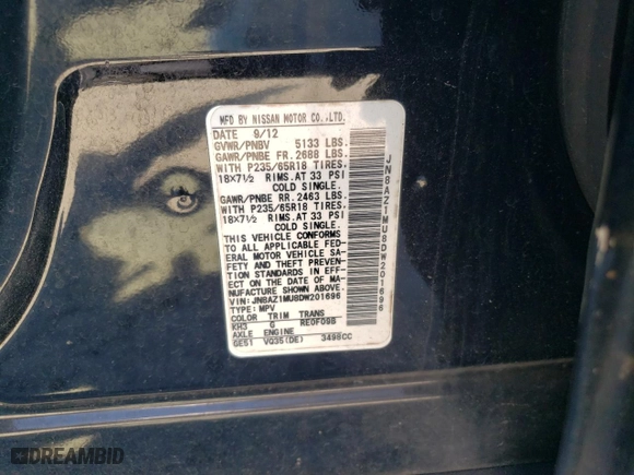 2013 Nissan Murano SV with VIN JN8AZ1MU8DW201696, listed as a Copart auction lot 77240074 with 99,832 mi miles and Salvage Title. Bid and sale history available at carsss.com. Image 13.