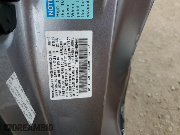 2011 Honda CR-Z with VIN JHMZF1D45BS001840, listed as a Copart auction lot 78539944 with 165,220 mi miles and Salvage Title. Bid and sale history available at DreamBid. Image 12.