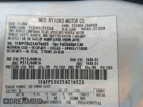 2005 Ford Taurus SE z VIN 1FAFP53U25A216523, wystawiony jako IAAI lot #42648554 z przebiegiem 175 042 mil mil oraz . Historia ofert i sprzedaży dostępna na DreamBid. Obrazek 9.