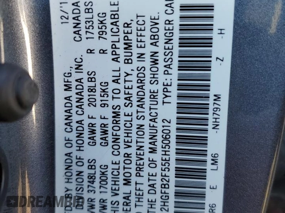 2014 Honda Civic Sedan LX with VIN 2HGFB2F55EH506012, listed as a Copart auction lot 45542855 with 186,712 mi miles and Salvage Title. Bid and sale history available at carsss.com. Image 12.