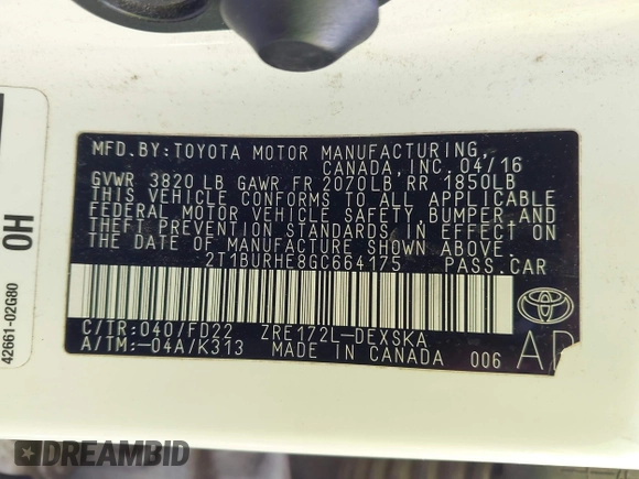 2016 Toyota Corolla L with VIN 2T1BURHE8GC664175, listed as a IAAI auction lot 41831552 with 192,680 mi miles and . Bid and sale history available at DreamBid. Image 9.