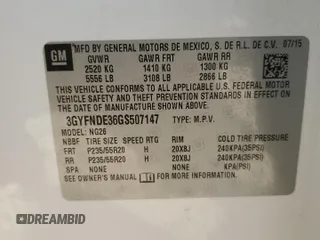 2016 Cadillac SRX Premium Collection with VIN 3GYFNDE36GS507147, listed as a Copart auction lot 84918574 with Not provided miles and Salvage title. Bid and sale history available at DreamBid. Image 13.