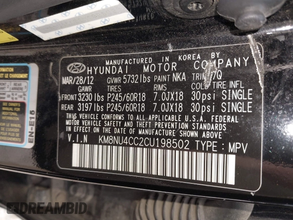 2012 Hyundai Veracruz Limited with VIN KM8NU4CC2CU198502, listed as a IAAI auction lot 42369297 with 190,324 mi miles and . Bid and sale history available at DreamBid. Image 9.