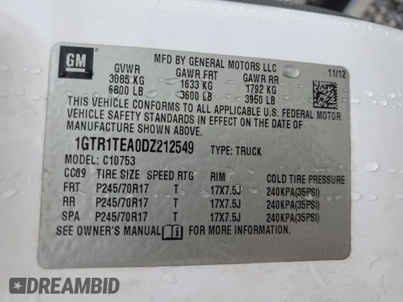 2013 GMC Sierra 1500 with VIN 1GTR1TEA0DZ212549, listed as a Copart auction lot 85760464 with 92,298 mi miles and Salvage Title. Bid and sale history available at DreamBid. Image 12.
