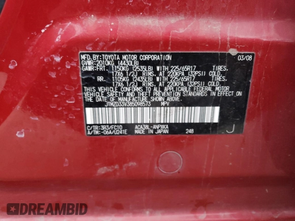 2008 Toyota RAV4 with VIN JTMZD33V385098573, listed as a Copart auction lot 88300015 with 169,614 mi miles and Salvage Title. Bid and sale history available at carsss.com. Image 13.