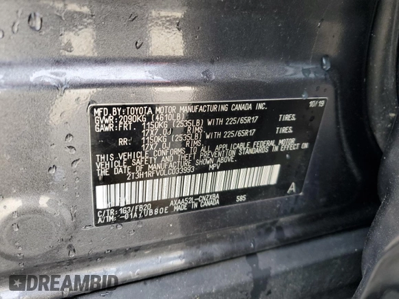 2020 Toyota RAV4 LE with VIN 2T3H1RFV0LC033993, listed as a Copart auction lot 46916325 with 55,891 mi miles and Salvage Title. Bid and sale history available at DreamBid. Image 14.