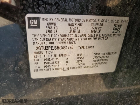 2017 GMC Sierra 1500 Denali with VIN 3GTU2PEJ3HG431770, listed as a Copart auction lot 87068664 with 0 mi miles and Salvage Title. Bid and sale history available at carsss.com. Image 14.