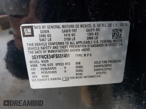 2015 Cadillac SRX Performance Collection with VIN 3GYFNCE34FS631491, listed as a Copart auction lot 64109575 with 102,763 mi miles and Salvage title. Bid and sale history available at DreamBid. Image 13.