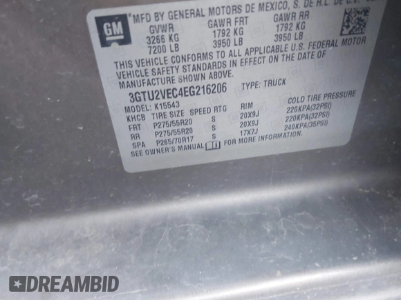 2014 GMC Sierra 1500 SLT with VIN 3GTU2VEC4EG216206, listed as a IAAI auction lot 41082064 with 249,332 mi miles and . Bid and sale history available at DreamBid. Image 9.