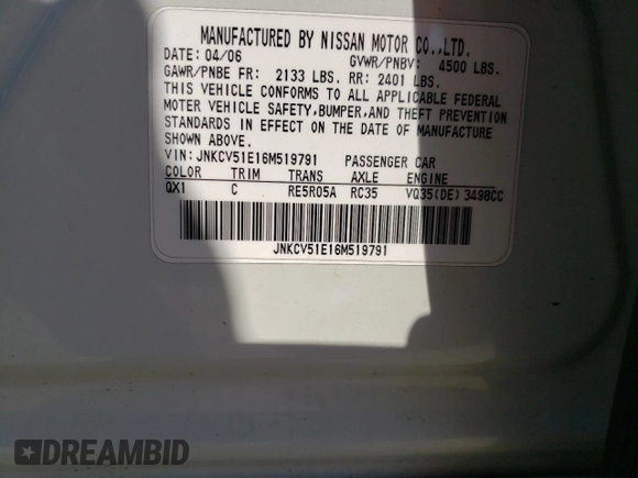 2006 Infiniti G35 with VIN JNKCV51E16M519791, listed as a Copart auction lot 69168654 with 141,437 mi miles and Salvage Title. Bid and sale history available at DreamBid. Image 14.