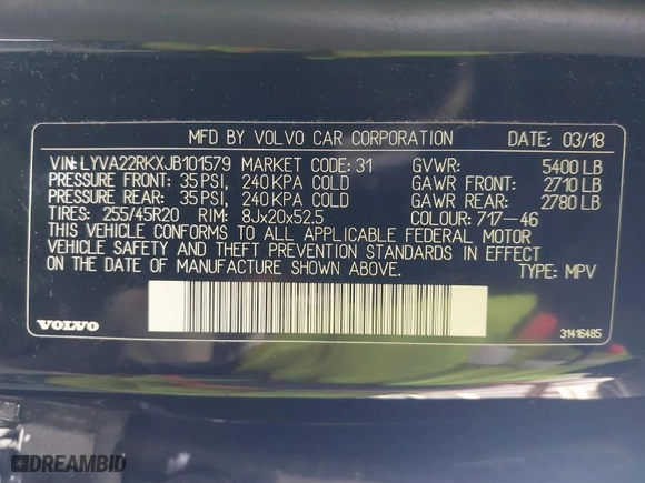 2018 Volvo XC60 Momentum with VIN LYVA22RKXJB101579, listed as a IAAI auction lot 41722082 with 33,579 mi miles. Bid and sale history available at carsss.com. Image 9.