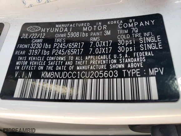 2012 Hyundai Veracruz Limited with VIN KM8NUDCC1CU205603, listed as a Copart auction lot 45385755 with 106,692 mi miles and Clean Title. Bid and sale history available at carsss.com. Image 13.