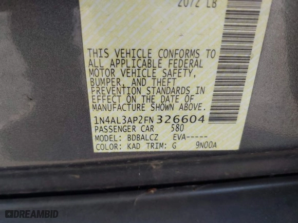 2015 Nissan Altima 2.5 S with VIN 1N4AL3AP2FN326604, listed as a IAAI auction lot 41838599 with 62,394 mi miles. Bid and sale history available at carsss.com. Image 9.