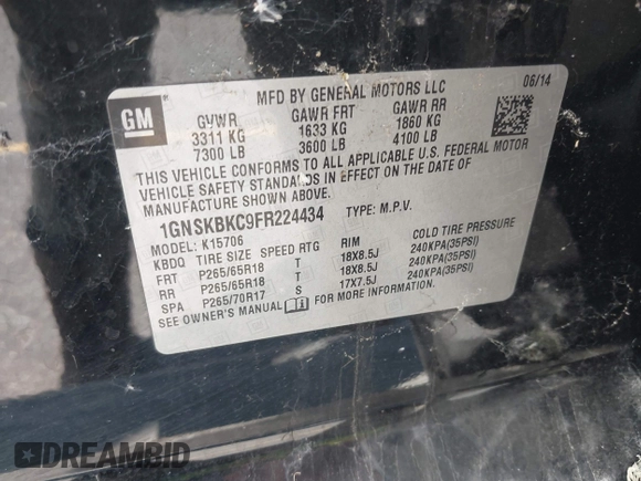 2015 Chevrolet Tahoe LT with VIN 1GNSKBKC9FR224434, listed as a IAAI auction lot 42804701 with Not provided miles and . Bid and sale history available at DreamBid. Image 9.