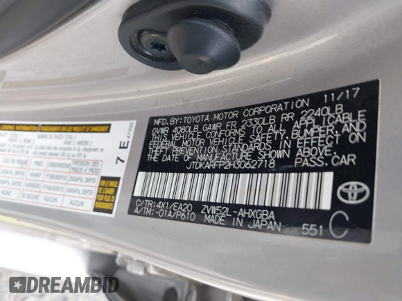 2017 Toyota Prius Plus with VIN JTDKARFP2H3062718, listed as a IAAI auction lot 42207527 with 91,707 mi miles and . Bid and sale history available at DreamBid. Image 9.