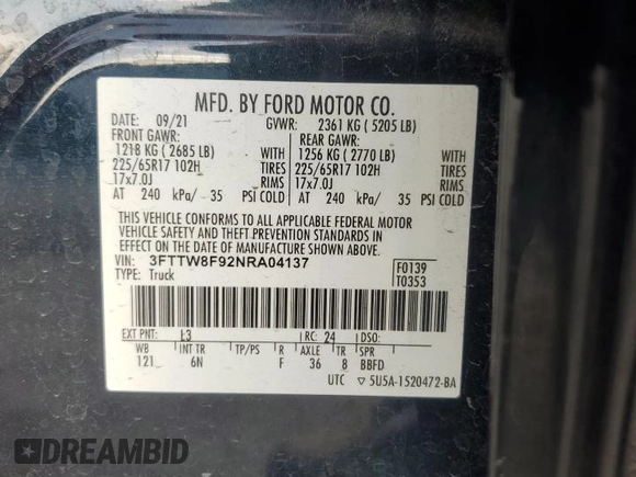 2022 Ford Maverick XL with VIN 3FTTW8F92NRA04137, listed as a Copart auction lot 51490615 with 69,176 mi miles and Salvage Title. Bid and sale history available at DreamBid. Image 14.
