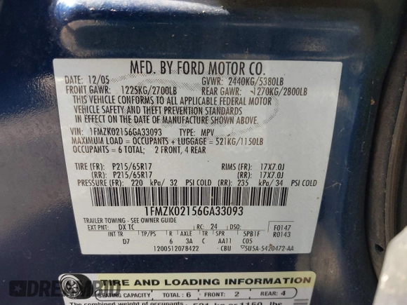2006 Ford Freestyle SEL z VIN 1FMZK02156GA33093, wystawiony jako IAAI lot #41612080 z przebiegiem 210 382 mil mil oraz . Historia ofert i sprzedaży dostępna na DreamBid. Obrazek 9.