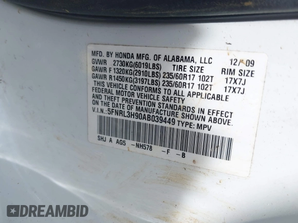 2010 Honda Odyssey Touring с VIN 5FNRL3H90AB039449, выставлен на аукционе IAAI как лот 42032203 с пробегом 128 265 миль миль и . История ставок и продаж доступна на DreamBid. Изображение 9.