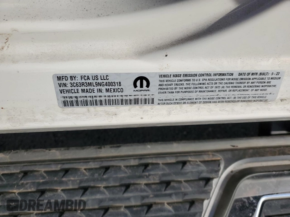 2022 Ram 3500 Laramie with VIN 3C63R3ML9NG400318, listed as a Copart auction lot 73986074 with 40,552 mi miles and Salvage Title. Bid and sale history available at carsss.com. Image 12.