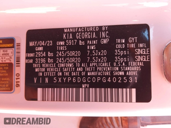 2023 Kia Telluride S with VIN 5XYP6DGC0PG402531, listed as a IAAI auction lot 41377916 with 32,717 mi miles and . Bid and sale history available at DreamBid. Image 9.