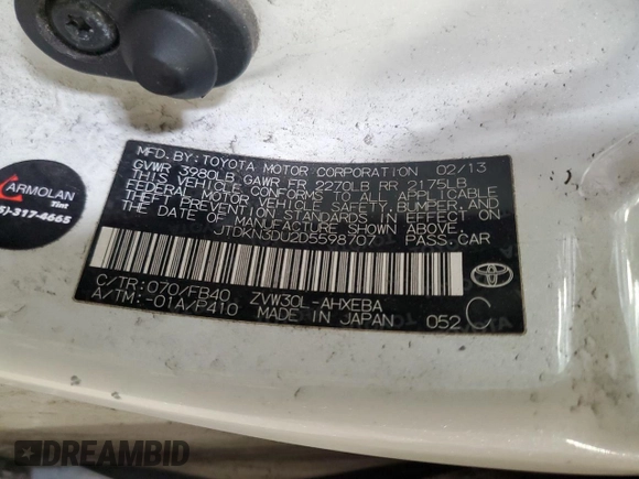 2013 Toyota Prius One with VIN JTDKN3DU2D5598707, listed as a Copart auction lot 53676085 with 171,732 mi miles and Salvage Title. Bid and sale history available at DreamBid. Image 13.