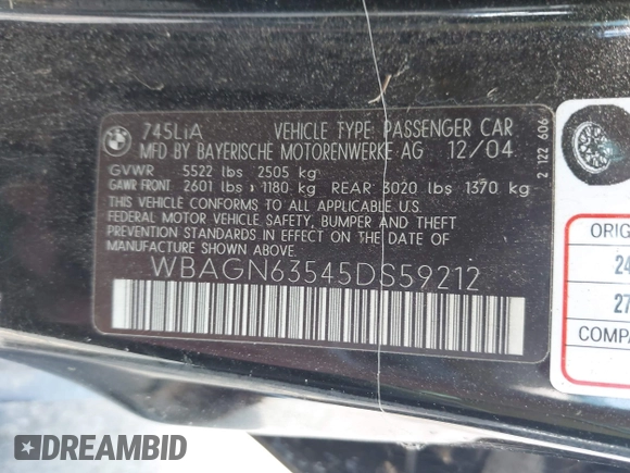 2005 BMW 7 Series 745Li with VIN WBAGN63545DS59212, listed as a IAAI auction lot 42510606 with 124,395 mi miles and . Bid and sale history available at DreamBid. Image 9.
