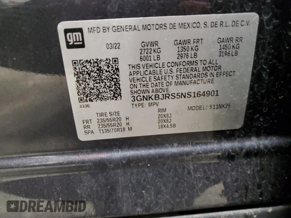 2022 Chevrolet Blazer LT with VIN 3GNKBJRS5NS164901, listed as a Copart auction lot 57859155 with Not provided miles and Salvage title. Bid and sale history available at DreamBid. Image 13.