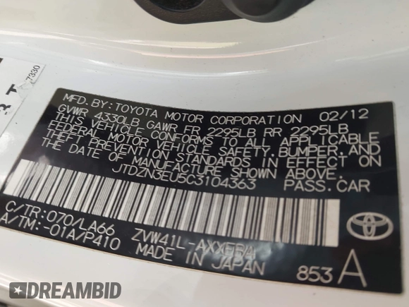 2012 Toyota Prius Two with VIN JTDZN3EU5C3104363, listed as a IAAI auction lot 42103392 with 384,667 mi miles and . Bid and sale history available at DreamBid. Image 9.