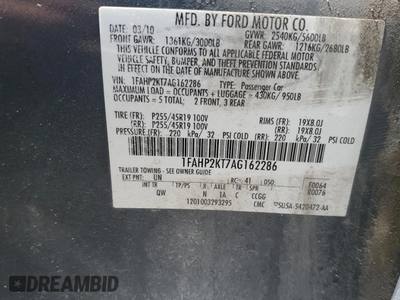 2010 Ford Taurus SHO с VIN 1FAHP2KT7AG162286, выставлен на аукционе Copart как лот 59696135 с пробегом 171 061 миль миль и Чистый • Clean title. История ставок и продаж доступна на DreamBid. Изображение 13.