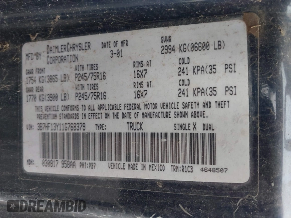 2001 Dodge 1500 with VIN 3B7HF13Y11G768379, listed as a IAAI auction lot 41442201 with 181,199 mi miles and . Bid and sale history available at DreamBid. Image 9.