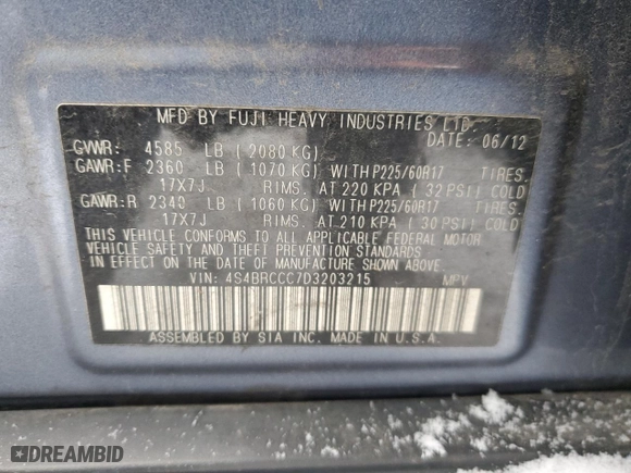 2013 Subaru Outback 2.5i Premium with VIN 4S4BRCCC7D3203215, listed as a Copart auction lot 46188265 with 218,944 mi miles and Salvage Title. Bid and sale history available at carsss.com. Image 13.