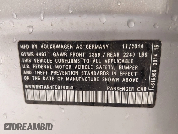 2015 Volkswagen CC Sport with VIN WVWBN7AN1FE816059, listed as a IAAI auction lot 41857589 with 172,854 mi miles and . Bid and sale history available at DreamBid. Image 9.