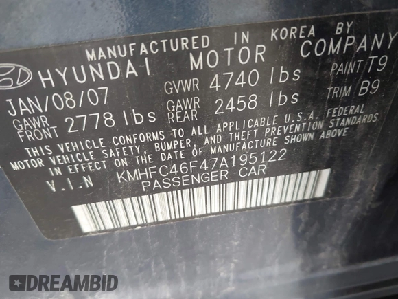 2007 Hyundai Azera SE with VIN KMHFC46F47A195122, listed as a IAAI auction lot 42202807 with 70,694 mi miles and . Bid and sale history available at DreamBid. Image 9.