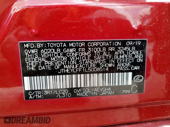 2020 Lexus LS with VIN JTHEYLFF1L5008514, listed as a Copart auction lot 65284415 with 40,723 mi miles and Salvage title. Bid and sale history available at DreamBid. Image 12.