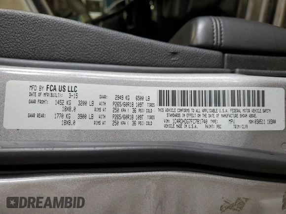 2015 Dodge Durango Limited with VIN 1C4RDHDG7FC781740, listed as a Copart auction lot 63334885 with 176,632 mi miles and Clean title. Bid and sale history available at DreamBid. Image 13.