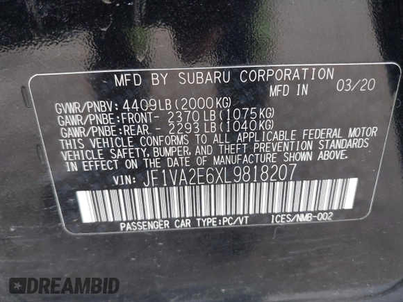 2020 Subaru WRX STI z VIN JF1VA2E6XL9818207, wystawiony jako IAAI lot #41929778 z przebiegiem 33 363 mil mil oraz . Historia ofert i sprzedaży dostępna na DreamBid. Obrazek 9.