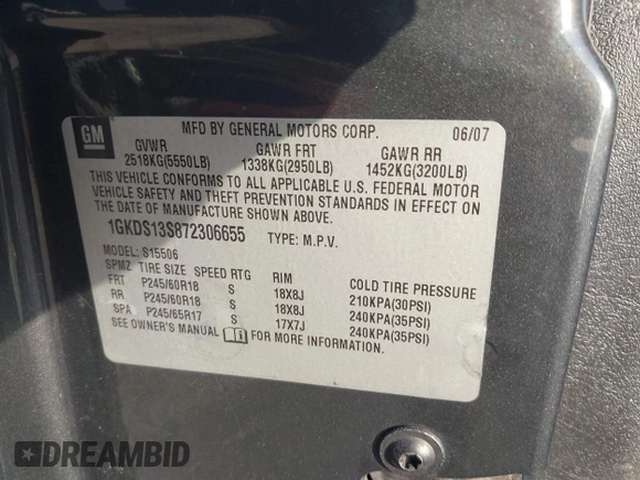 2007 GMC Envoy SLE z VIN 1GKDS13S872306655, wystawiony jako IAAI lot #42510039 z przebiegiem 174 377 mil mil oraz . Historia ofert i sprzedaży dostępna na DreamBid. Obrazek 9.