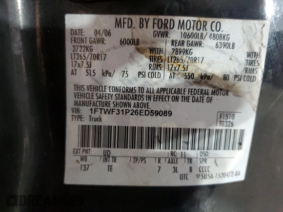 2006 Ford F-350 XL with VIN 1FTWF31P26ED59089, listed as a Copart auction lot 47406855 with 197,393 mi miles and Salvage title. Bid and sale history available at DreamBid. Image 12.