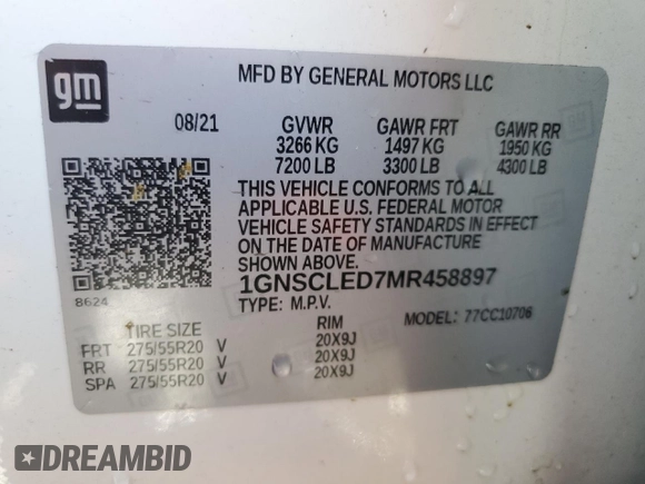 2021 Chevrolet Tahoe Commercial z VIN 1GNSCLED7MR458897, wystawiony jako Copart lot #84170464 z przebiegiem 23 125 mil mil oraz Szkoda całkowita • Salvage title. Historia ofert i sprzedaży dostępna na DreamBid. Obrazek 13.