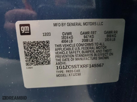 2024 Chevrolet Malibu LS with VIN 1G1ZC5STXRF145567, listed as a Copart auction lot 52535425 with 33,966 mi miles and Clean Title. Bid and sale history available at carsss.com. Image 12.