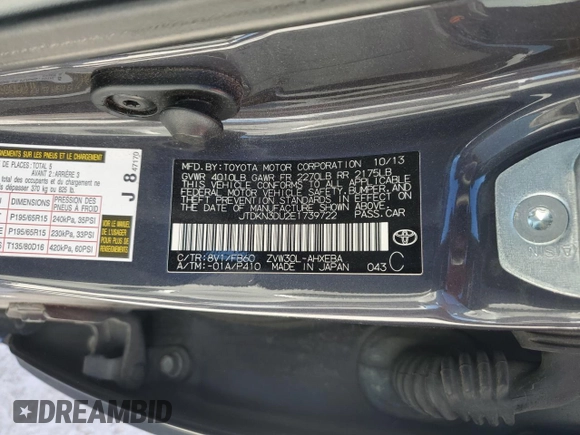 2014 Toyota Prius Four with VIN JTDKN3DU2E1739722, listed as a Copart auction lot 49895445 with 109,286 mi miles and Non Repairable. Bid and sale history available at DreamBid. Image 14.