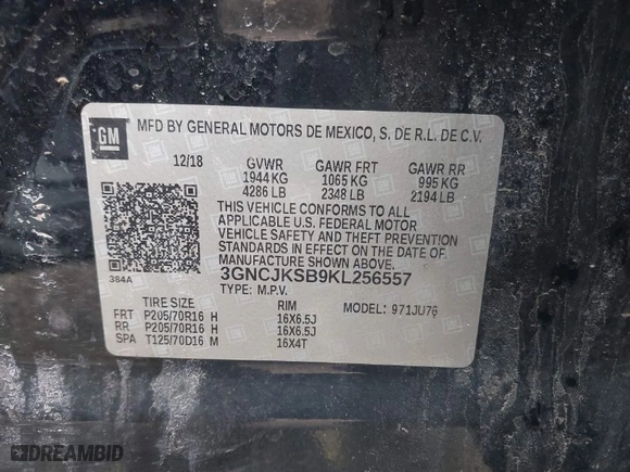 2019 Chevrolet Trax LS with VIN 3GNCJKSB9KL256557, listed as a IAAI auction lot 41879464 with 75,184 mi miles. Bid and sale history available at carsss.com. Image 9.