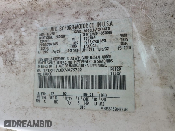 1999 Ford F-150 XL with VIN 1FTRF17L8XNA75702, listed as a Copart auction lot 69868104 with Not provided miles and Salvage title. Bid and sale history available at DreamBid. Image 14.